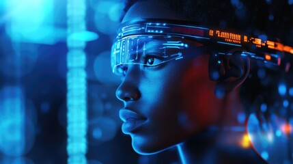 Athlete using advanced brain computer interface technology in a futuristic environment with digital elements and glowing visuals