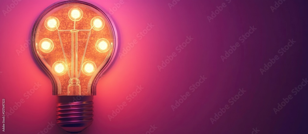 Poster bright marquee light bulb template with empty copyspace for text on vibrant purple background suitab