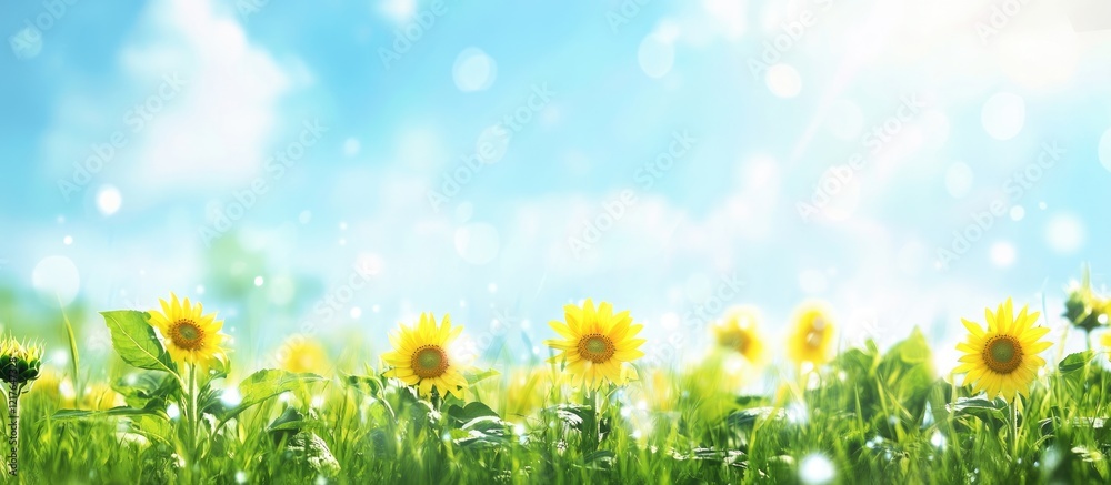 Poster vibrant field of sunflowers under a clear blue sky with ample empty space for text or creative overl