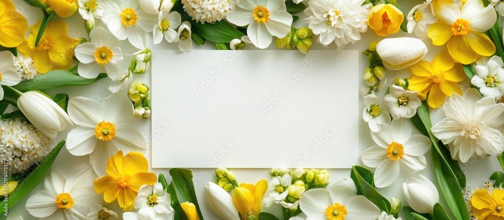 Poster Blank card mockup with spring flowers arrangement creating vibrant backdrop and ample space for text or promotional content