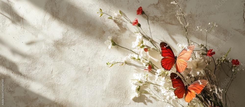 Poster bridal bouquet adorned with two butterflies against a textured wall creating elegant copy space for 