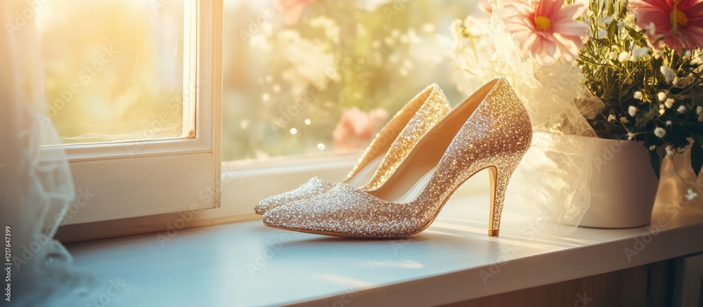 Poster Elegant bridal shoes sparkling in sunlight on a windowsill with flowers and empty copy space for text in a romantic setting