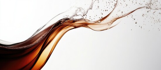 Fluid dynamics of black tea cascading on a white background with ample empty space for text or branding applications