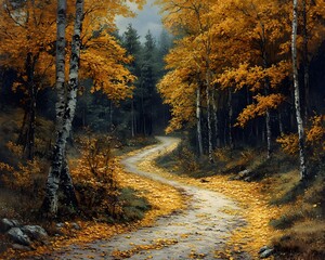 Golden-Leaved Autumn Forest with Winding Path for Book Covers – Generative AI