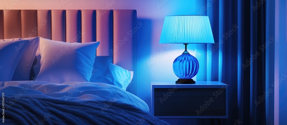 Poster Modern bedroom interior with blue accent lamp on nightstand creating a serene atmosphere and empty space for text or design elements