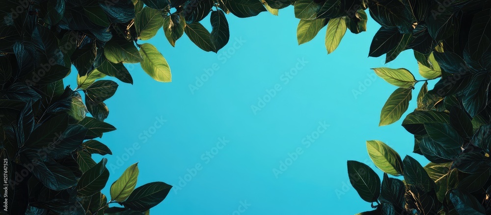 Poster Green tree leaves framing a bright blue sky with ample empty space for text overlay or graphic design elements.
