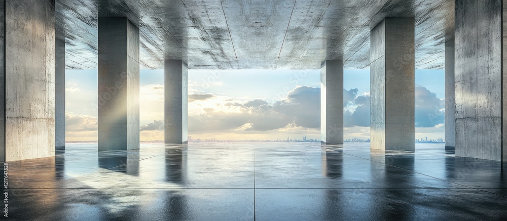 Poster Spacious empty room with concrete floors and large skyline windows creating ideal space for text and modern design elements