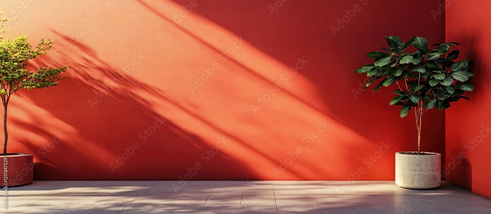 Poster Brick red wall with shadows and potted plants creating a stylish space perfect for design and decoration with ample empty space for text