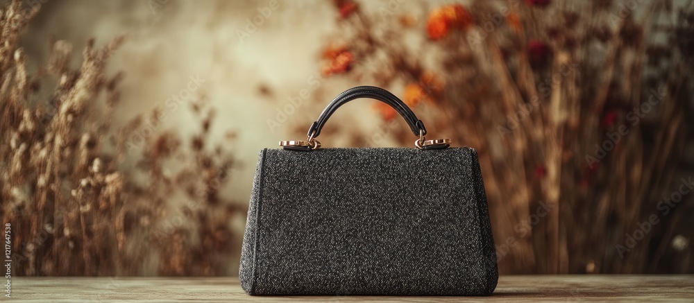 Poster Elegant Black Tweed Handbag Positioned on Rustic Textured Surface with Soft Focus Background and Generous Copyspace for Branding or Text