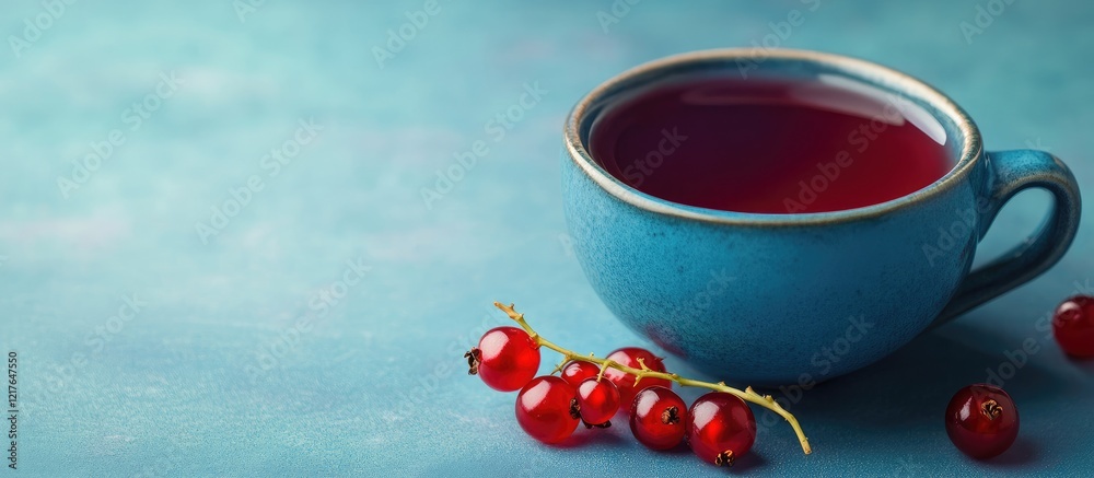 Poster vibrant red currant syrup in a bright blue cup with fresh berries and empty space for text on a styl