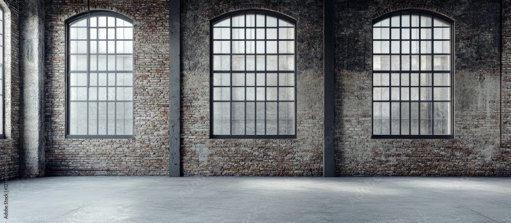Poster Industrial Brick Wall Texture with Large Windows and Empty Space for Branding or Text in Contemporary Architecture Setting