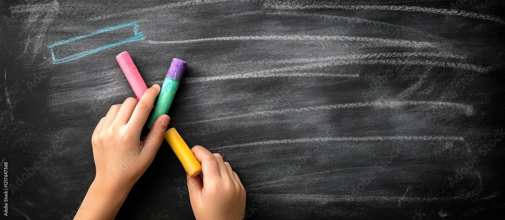 Poster Hands holding colorful chalk markers on a blackboard with ample empty space for text or creative ideas in an educational setting.