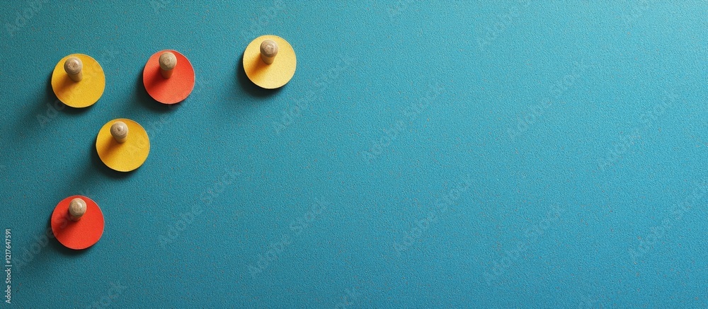 Poster colorful pushpins on a blank bulletin board against a blue background with copyspace for creative te