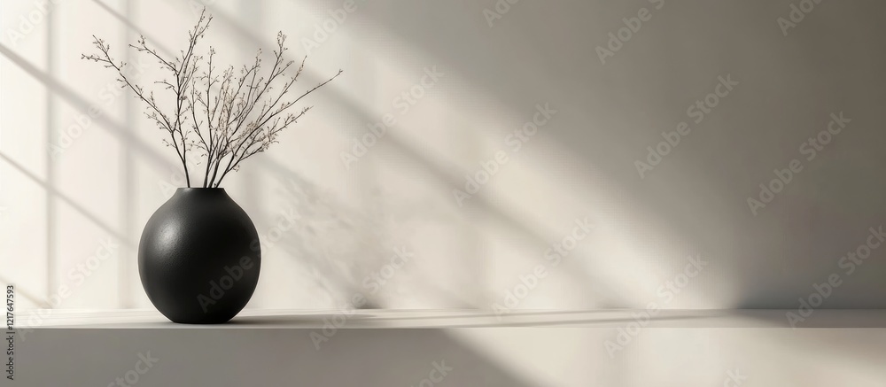 Poster black vase on gray pedestal minimalist aesthetic with natural elements and copyspace for text in sof