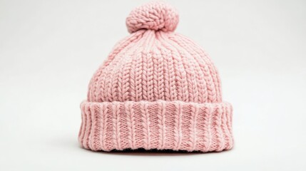 Knitted pink baby cap with pompom on a plain white background ideal for children's apparel and winter accessories promotion