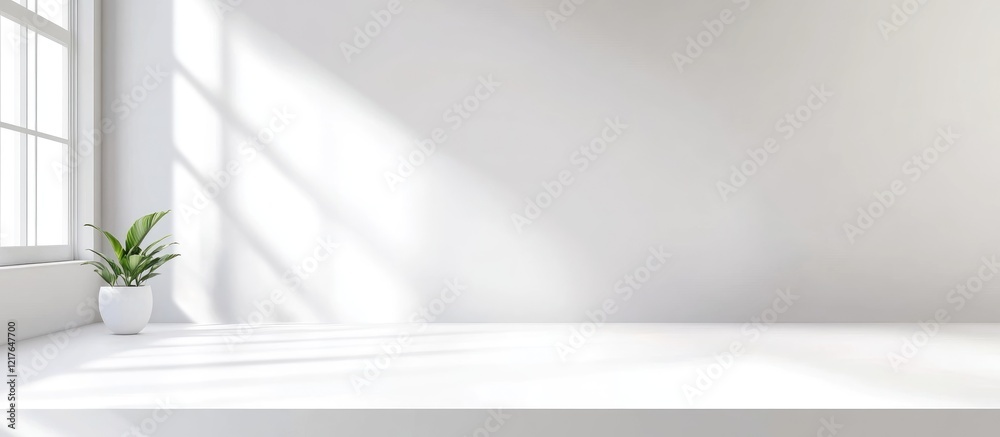 Poster bright and airy dining room with minimalist white table and natural light featuring copy space for y