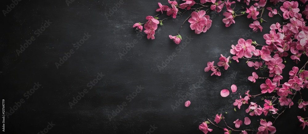 Aufkleber Blackboard background adorned with pink flowers and chalk art creating a romantic theme featuring ample copyspace for text additions
