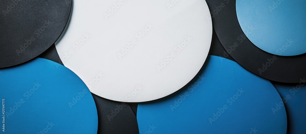Aufkleber Abstract design featuring blue and white circular shapes with contrasting black lines on a textured surface ideal for text placement or branding.