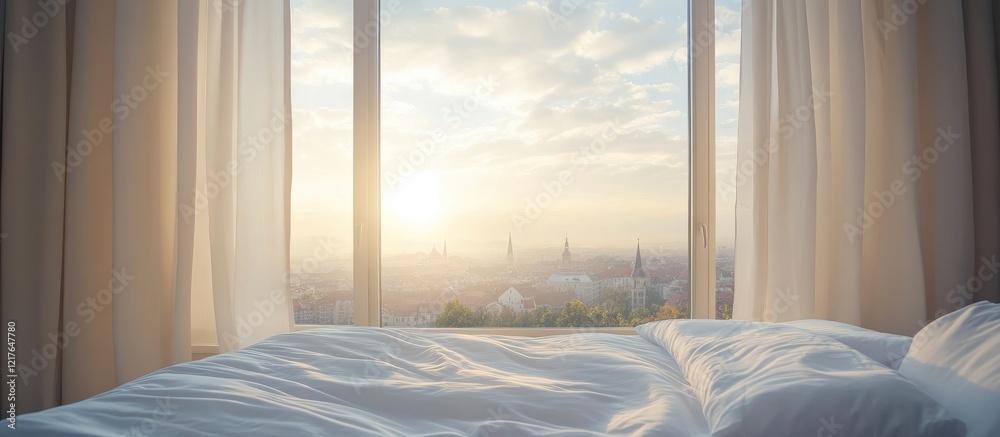 Aufkleber Serene bedroom interior featuring panoramic views and soft natural light with ample empty space for customizable text or design elements