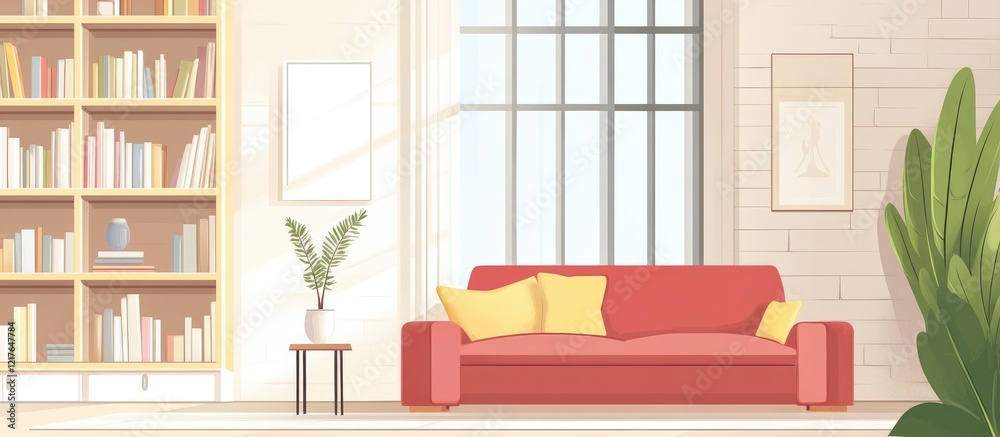 Poster cozy living room interior design with a bright atmosphere comfortable sofa bookshelves large windows