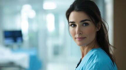 Fototapeta premium Female doctor in hospital setting with a confident smile and professional attire engaging with the camera, showcasing healthcare dedication