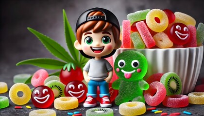 Fototapeta premium gummy candy jelly fruity bonbon, and a happy kid boy