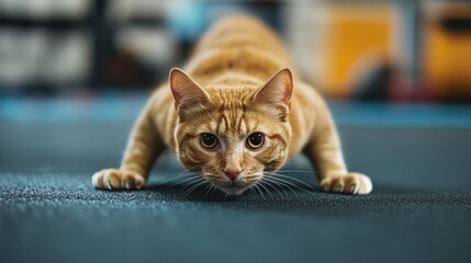 Cat Imitating Push Up Position on Gym Floor During Workout Session