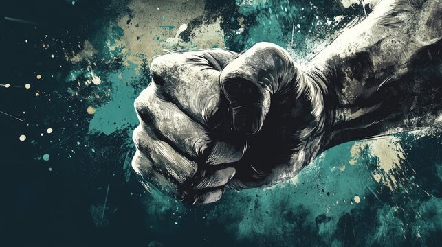 Muscular Fist Symbolizing Strength and Resilience on an Artistic Background with Dynamic Colors and Texture