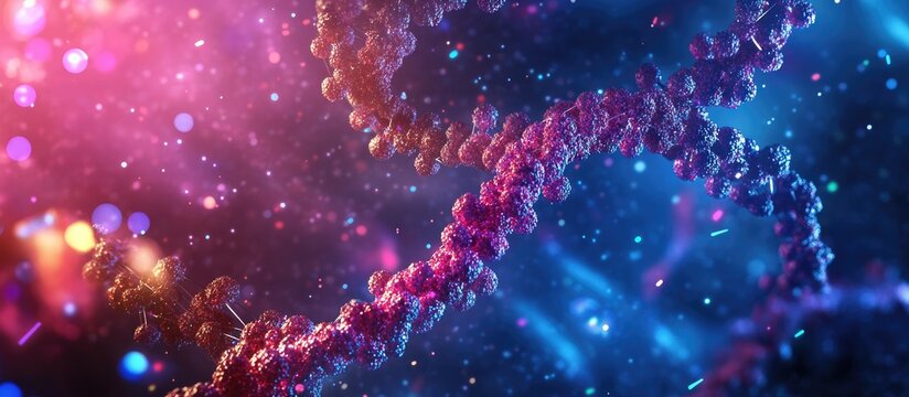 Abstract representation of DNA structure with vibrant colors and bokeh effect against a dark background Copy Space