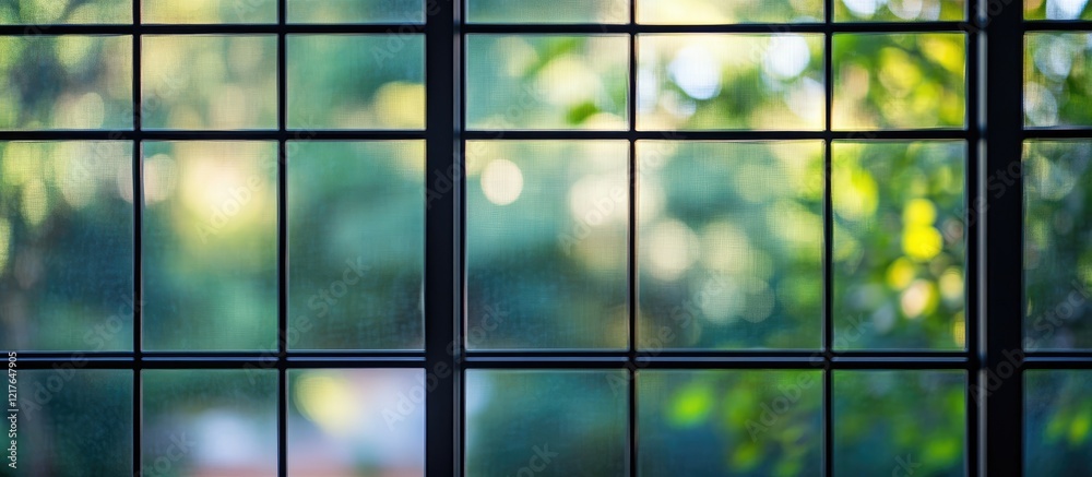 Poster Black window screens with blurred greenery background providing ample copyspace for text placement in elegant home environment