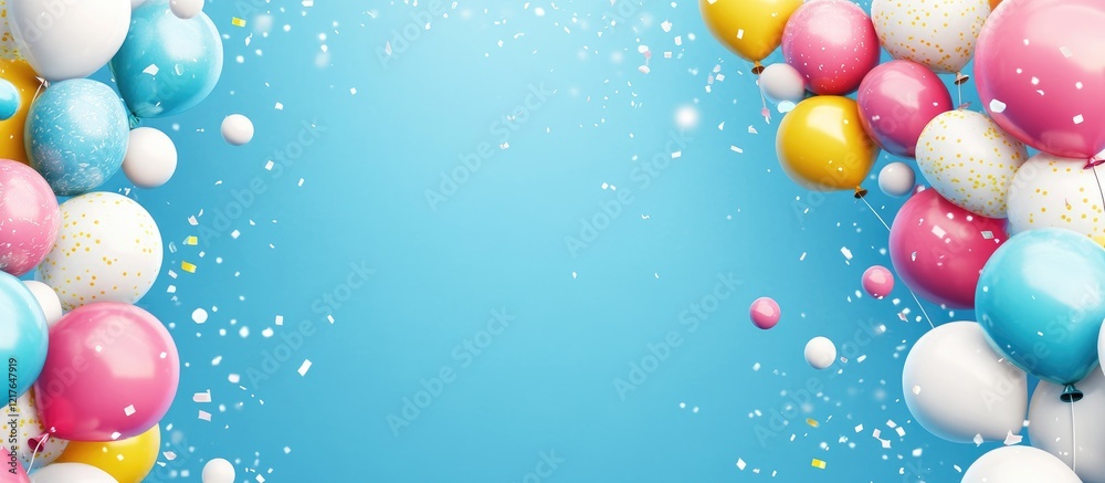 Poster colorful balloons on a vibrant blue background with festive confetti create a joyful atmosphere for 