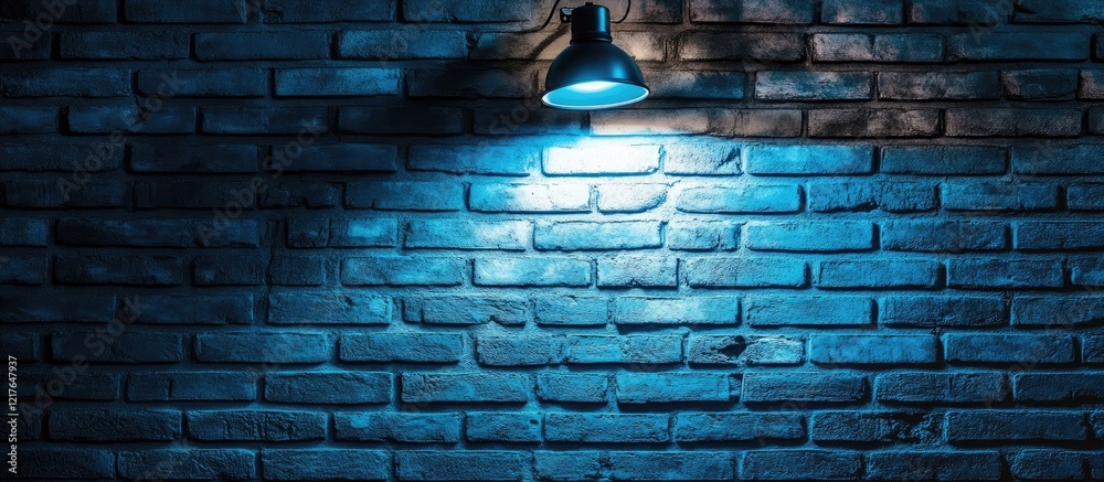Aufkleber Brick wall background with blue light beam and lamp creating an empty space for text and design elements in a modern setting