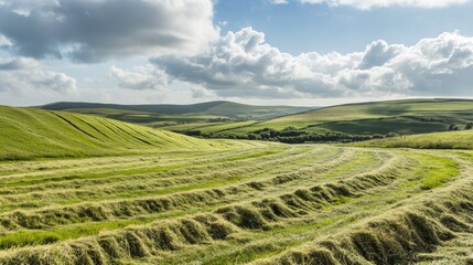 Lush green rolling hills with hay fields under cloudy blue sky Copy Space for text
