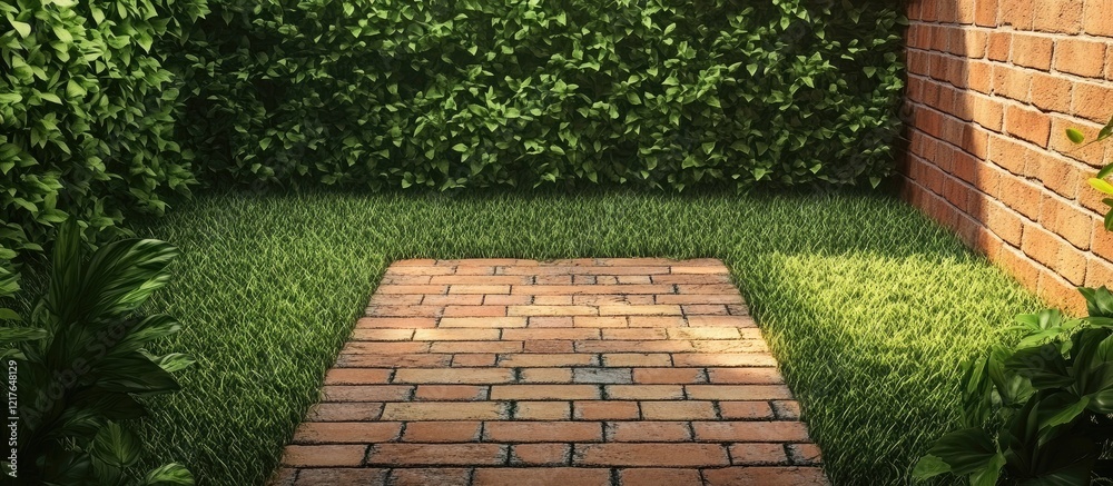 Poster Brick pathway in a serene garden surrounded by lush greenery with a clear space for text or branding purposes