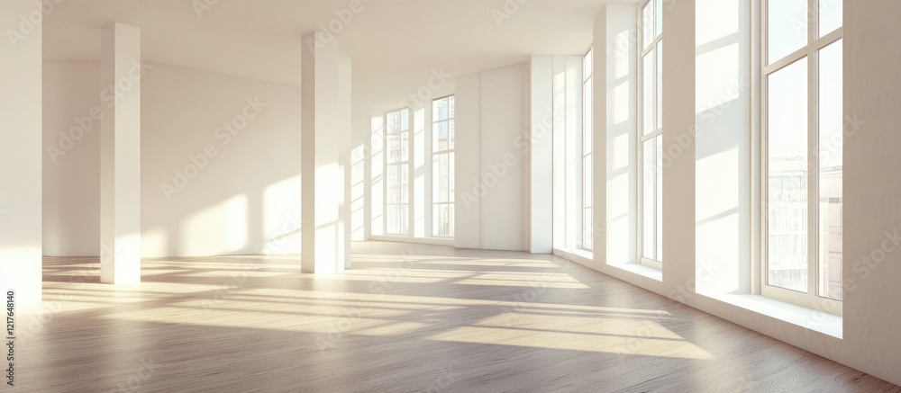 Poster Spacious and bright minimalist apartment interior featuring natural tones and large windows with ample empty space for customization