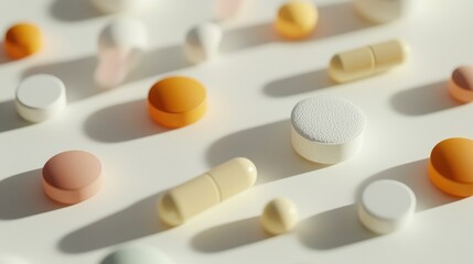 Assorted tablets and capsules displaying a range of medications including pain relief and allergy treatment on a light background
