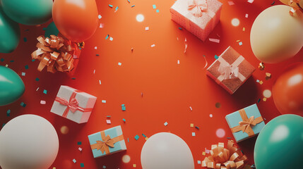 Joyful Flat Lay Featuring Vibrant Balloons, Wrapped Gifts, and Shimmering Confetti, with a Clean Open Area at the Top for a Customized Message or Party Invitation copy space