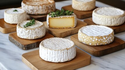 Gourmet cheese wheels displayed on wooden boards showcasing variety and texture in an elegant setting for culinary presentation