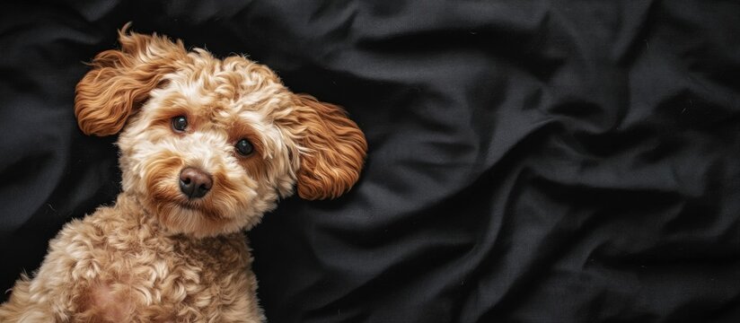 Cute brown curly-haired dog lying on black fabric with copy space for text - Powered by Adobe