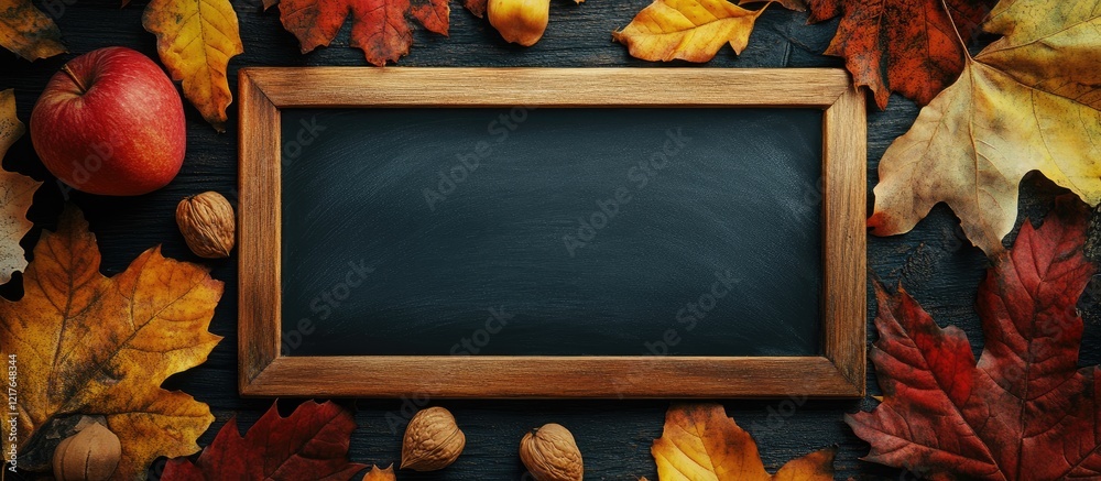 Poster Chalkboard framed by autumn leaves and nuts providing ample empty space for text in a dark, moody background setting