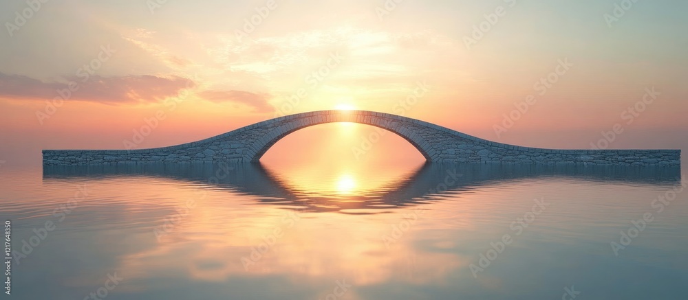 Poster Serene sunset bridge reflection over calm water with expansive empty space for text and messages