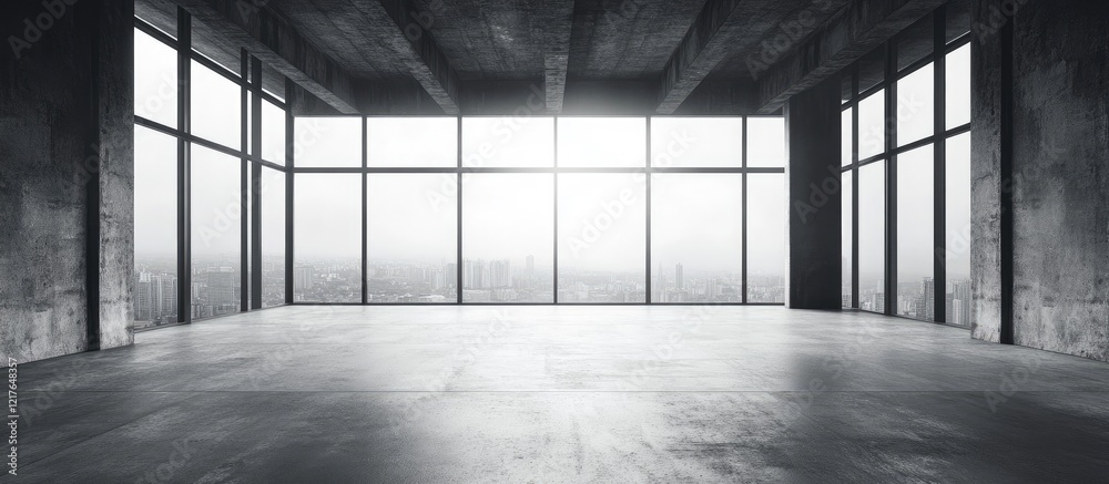 Poster spacious industrial interior with concrete floor and large skyline windows offering ample copy space