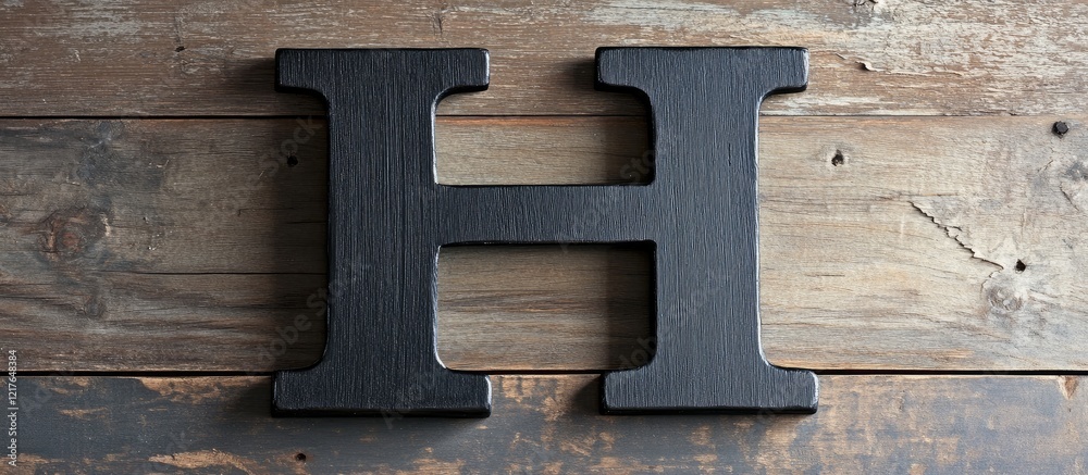 Poster Black wooden letter H mounted on rustic wooden wall with ample empty space for customization or text placement