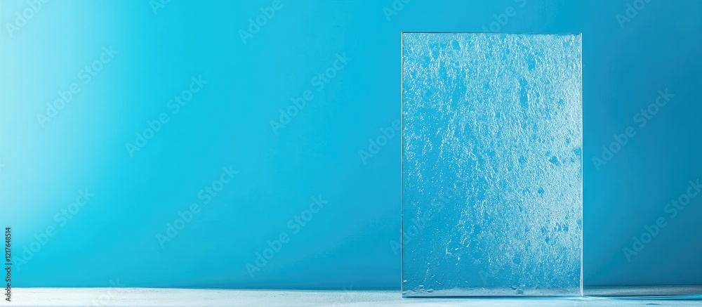 Poster Bright blue studio background featuring textured glass sheet creating contrast and ample empty space for text placement and design use