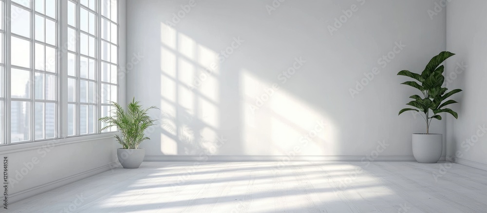 Poster spacious modern kitchen with white cabinets and bright natural light inviting empty space for future