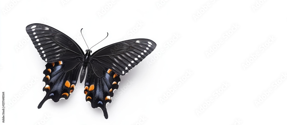 Aufkleber Black Swallowtail Butterfly on White Background Ideal for Text Overlay and Design Purposes with Empty Space for Customization