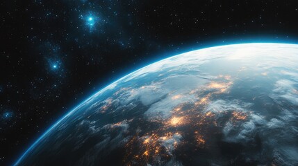 Astronauts Captivated by Earth from Space with Stunning Nighttime City Lights and Cosmic Background