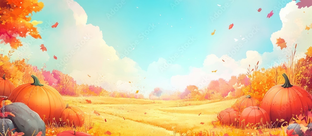 Poster vibrant autumn pumpkin harvest landscape with colorful trees and open space for textual overlays or 