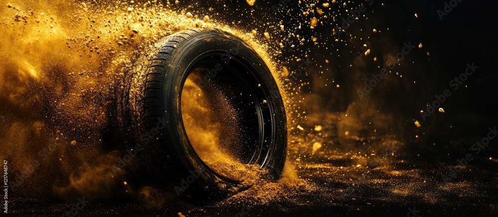 Poster black tire surrounded by a golden powder explosion against a dark backdrop with ample copyspace for 
