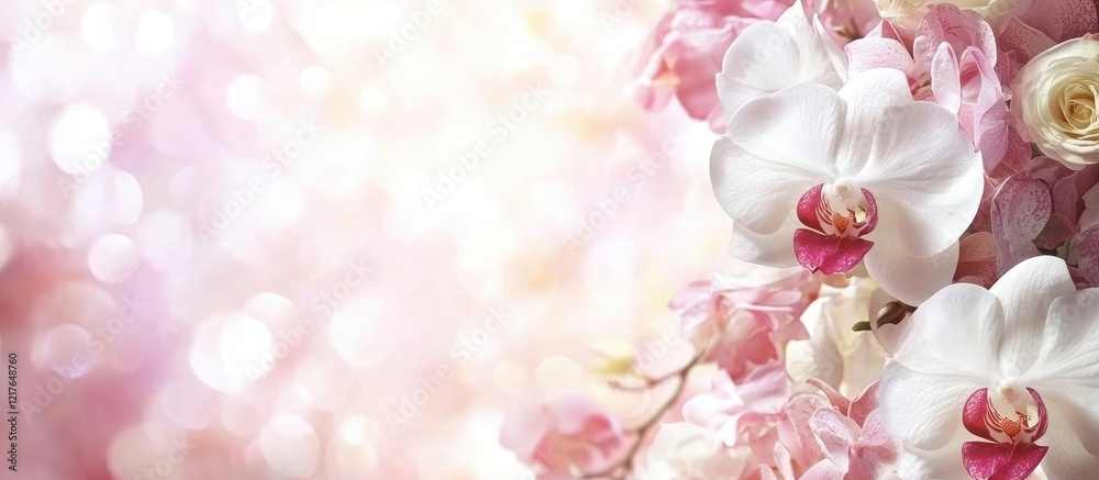 Poster elegant bridal bouquet featuring white roses and pink orchids with soft pastel background and empty 